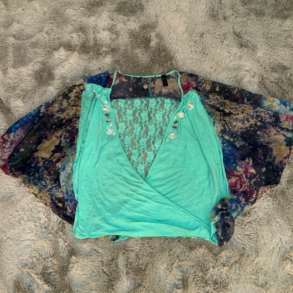 BKE Green Wrap Blouse with Bell Sleeves